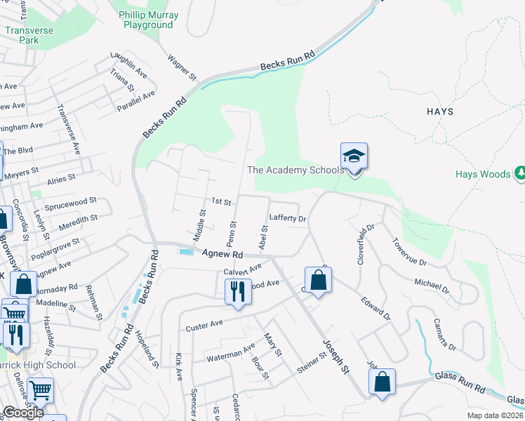 map of restaurants, bars, coffee shops, grocery stores, and more near 441 Abel Street in Pittsburgh