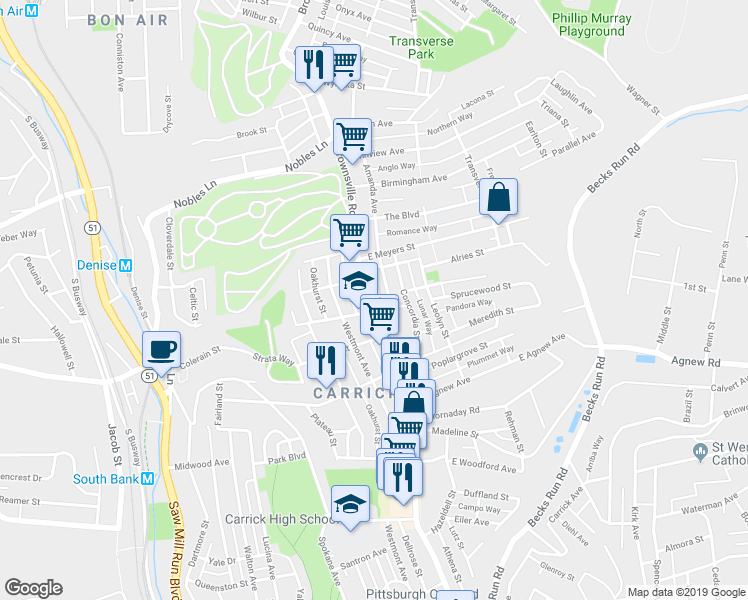 map of restaurants, bars, coffee shops, grocery stores, and more near 1704 Brownsville Road in Pittsburgh