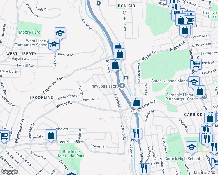 map of restaurants, bars, coffee shops, grocery stores, and more near 1678 Ballinger Street in Pittsburgh