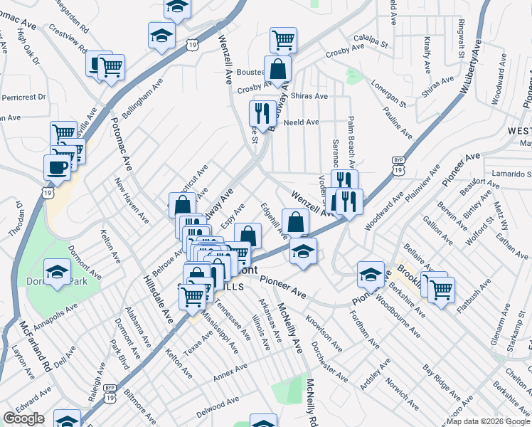 map of restaurants, bars, coffee shops, grocery stores, and more near 2700 Miles Avenue in Pittsburgh