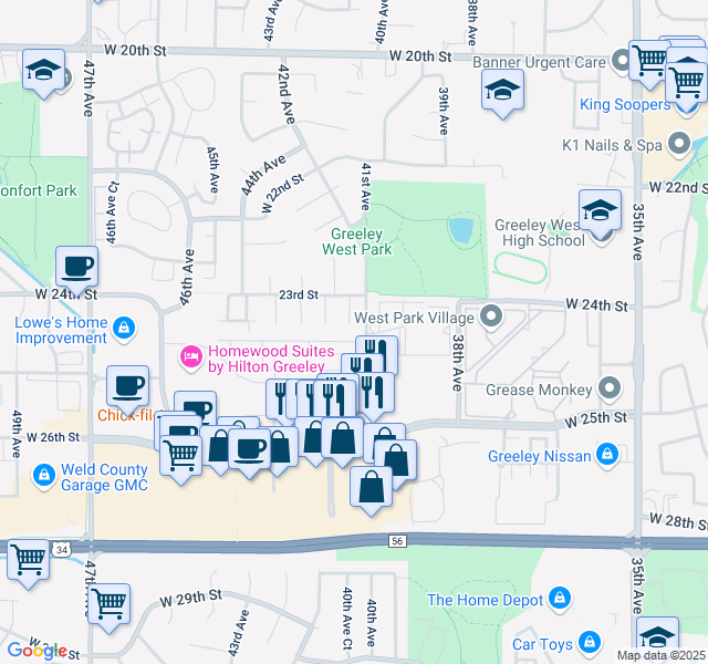 map of restaurants, bars, coffee shops, grocery stores, and more near 2390 42nd Avenue Court in Greeley