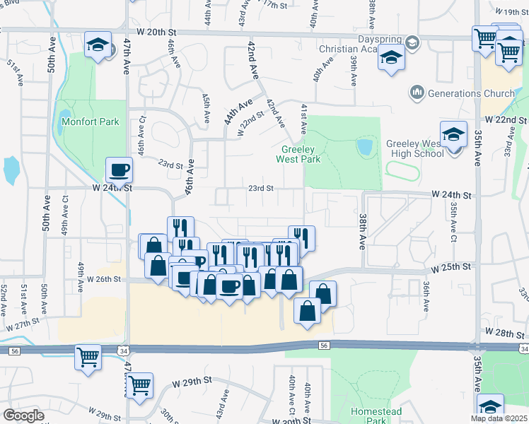 map of restaurants, bars, coffee shops, grocery stores, and more near 2394 43rd Avenue in Greeley