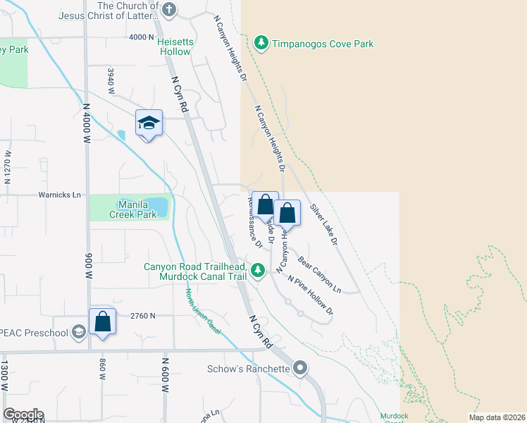 map of restaurants, bars, coffee shops, grocery stores, and more near 9155 Hillside Drive in Cedar Hills