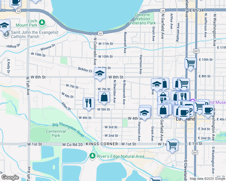 map of restaurants, bars, coffee shops, grocery stores, and more near 655 North Sheridan Avenue in Loveland