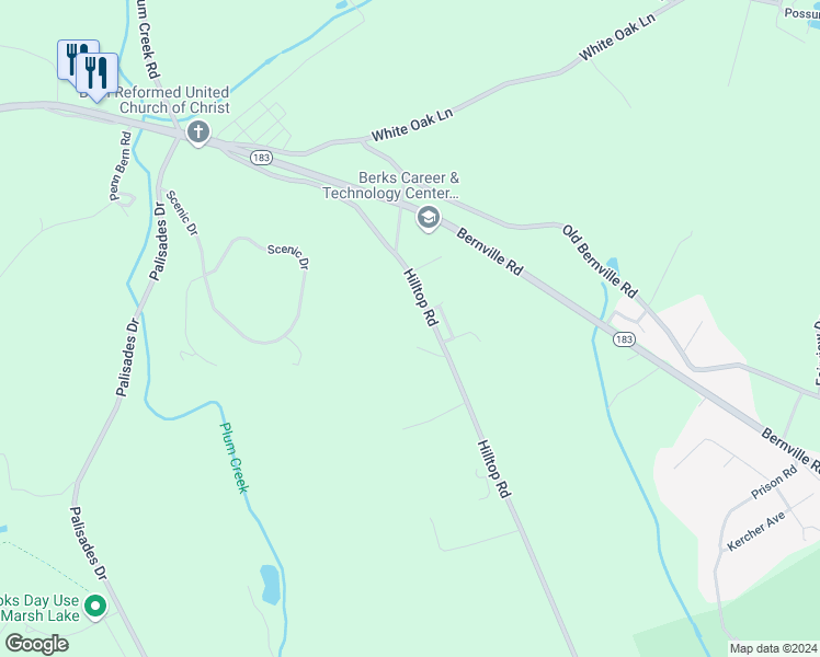 map of restaurants, bars, coffee shops, grocery stores, and more near 1478 Hilltop Road in Leesport
