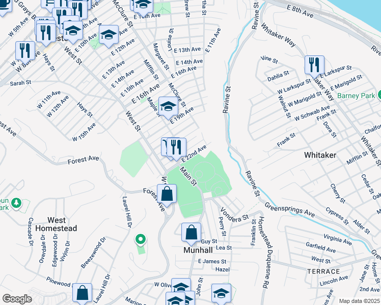 map of restaurants, bars, coffee shops, grocery stores, and more near 313 East 22nd Avenue in Munhall