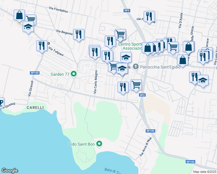 map of restaurants, bars, coffee shops, grocery stores, and more near 7 Via Santo Stefano in Taranto