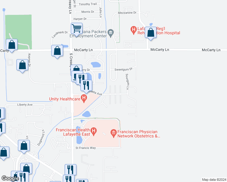 map of restaurants, bars, coffee shops, grocery stores, and more near 3966 Amelia Avenue in Lafayette