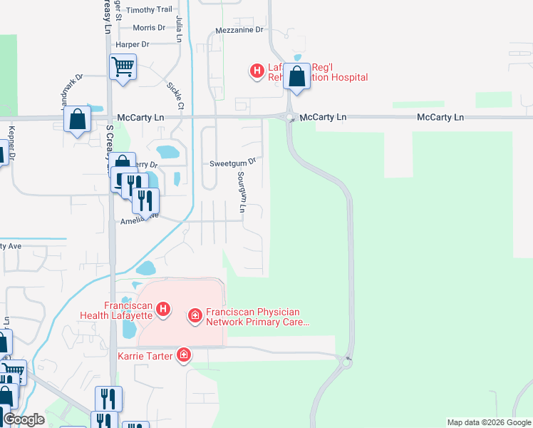 map of restaurants, bars, coffee shops, grocery stores, and more near 3992 Abraham Court in Lafayette