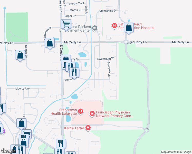 map of restaurants, bars, coffee shops, grocery stores, and more near 3958 Amelia Avenue in Lafayette