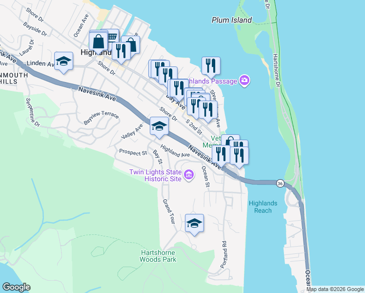 map of restaurants, bars, coffee shops, grocery stores, and more near 83 Highland Avenue in Highlands