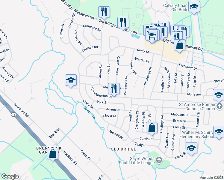 map of restaurants, bars, coffee shops, grocery stores, and more near 213 Throckmorton Lane in Old Bridge