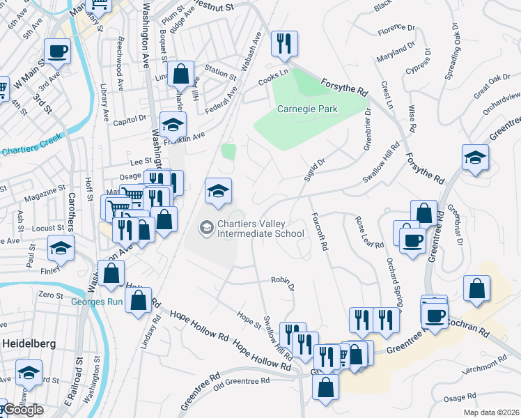 map of restaurants, bars, coffee shops, grocery stores, and more near 2037 Swallow Hill Court in Pittsburgh