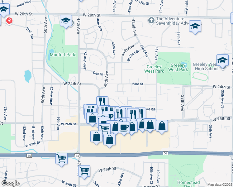 map of restaurants, bars, coffee shops, grocery stores, and more near 4460 West 23rd Street Drive in Greeley