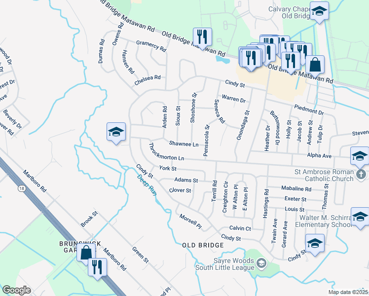 map of restaurants, bars, coffee shops, grocery stores, and more near 213 Throckmorton Lane in Old Bridge