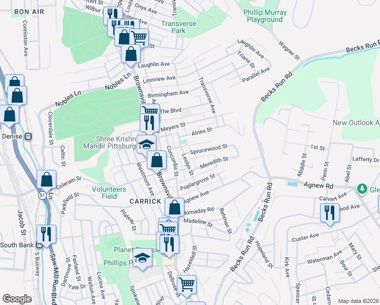 map of restaurants, bars, coffee shops, grocery stores, and more near 1724 Leolyn Street in Pittsburgh
