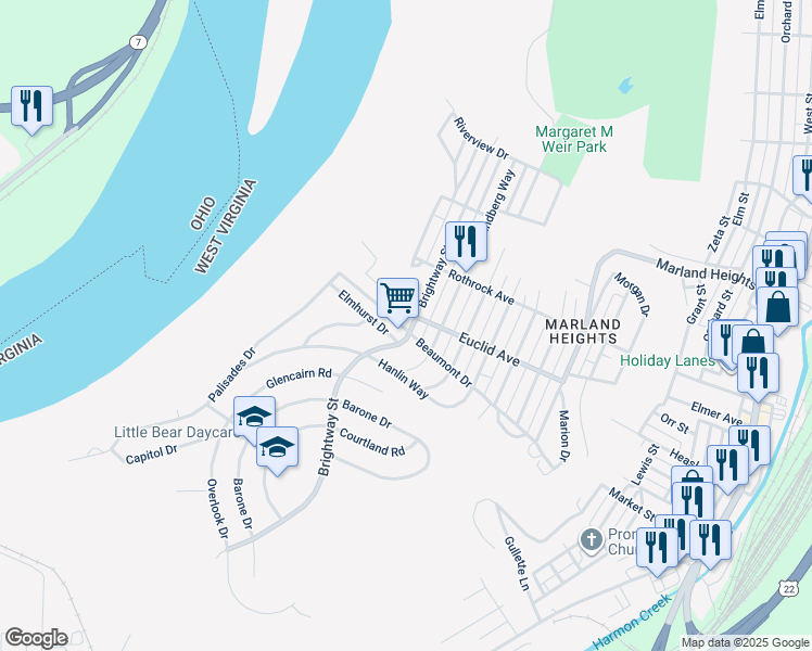 map of restaurants, bars, coffee shops, grocery stores, and more near in Weirton