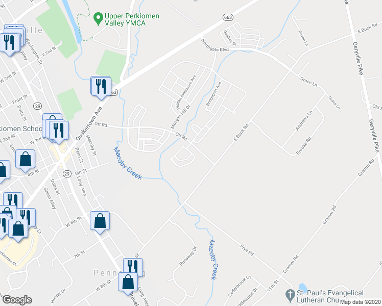 map of restaurants, bars, coffee shops, grocery stores, and more near Rosemont Terrace in Pennsburg