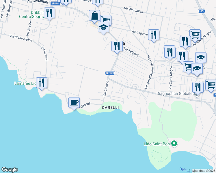 map of restaurants, bars, coffee shops, grocery stores, and more near 257 Via Girasoli in Taranto