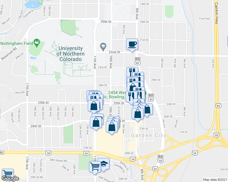 map of restaurants, bars, coffee shops, grocery stores, and more near 2416 10th Avenue in Greeley