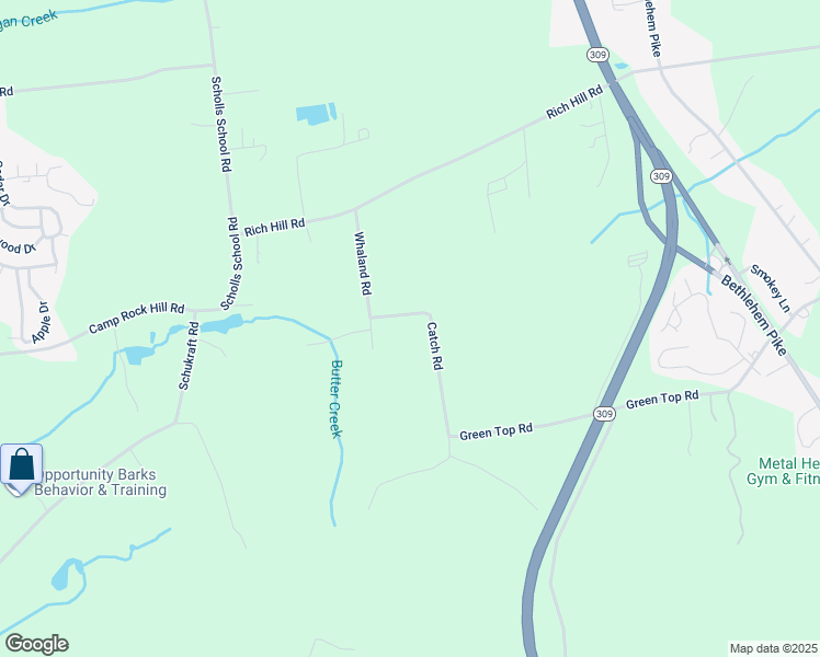 map of restaurants, bars, coffee shops, grocery stores, and more near 1294 Catch Basin Road in Quakertown