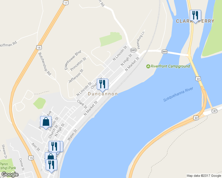map of restaurants, bars, coffee shops, grocery stores, and more near 822 North Market Street in Duncannon