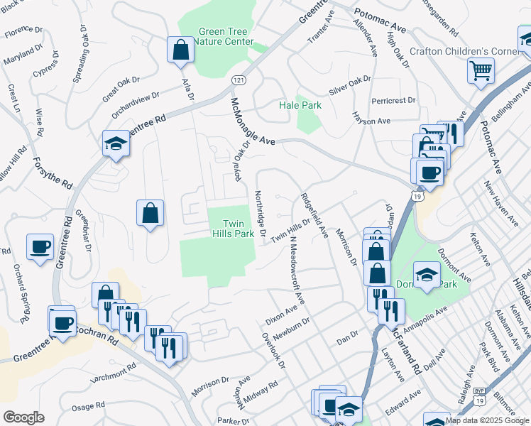 map of restaurants, bars, coffee shops, grocery stores, and more near 820 Northridge Drive in Pittsburgh