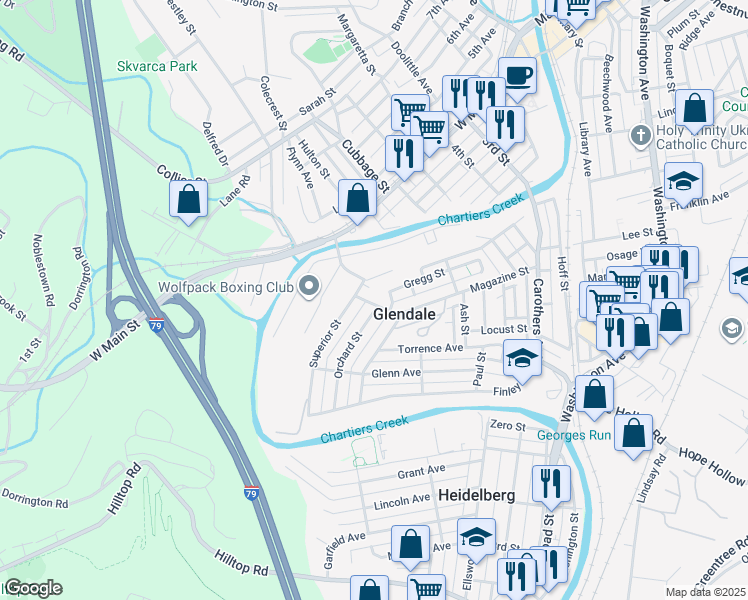 map of restaurants, bars, coffee shops, grocery stores, and more near 511 Orchard Street in Carnegie