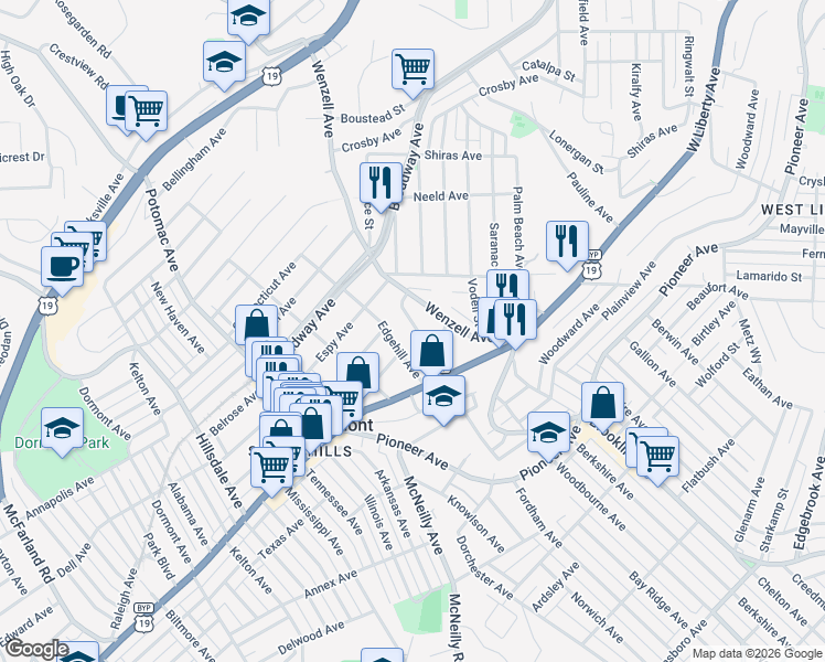 map of restaurants, bars, coffee shops, grocery stores, and more near 62 Wenzell Place in Pittsburgh