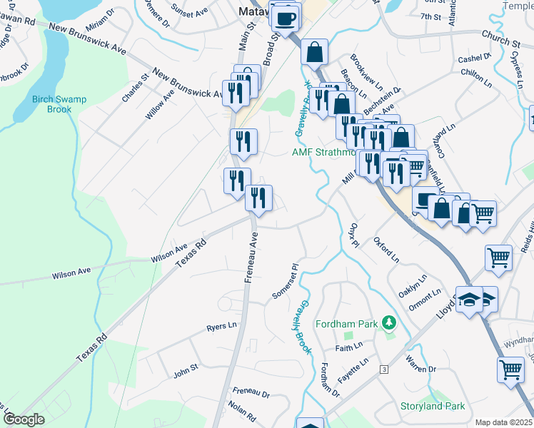 map of restaurants, bars, coffee shops, grocery stores, and more near 16 Mill Road in Matawan