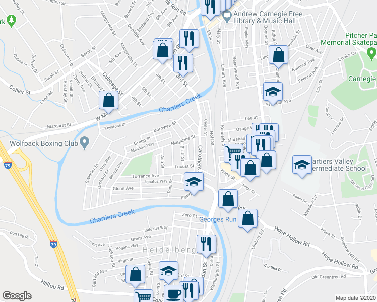 map of restaurants, bars, coffee shops, grocery stores, and more near 524 Kosko Way in Carnegie