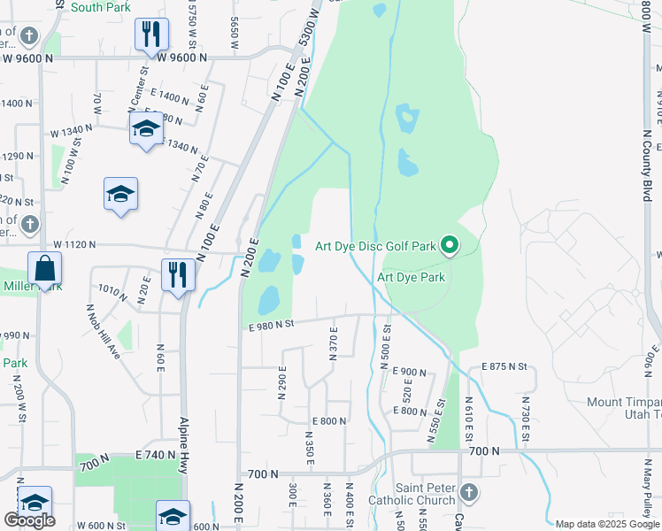 map of restaurants, bars, coffee shops, grocery stores, and more near 1089 North 390 East Street in American Fork