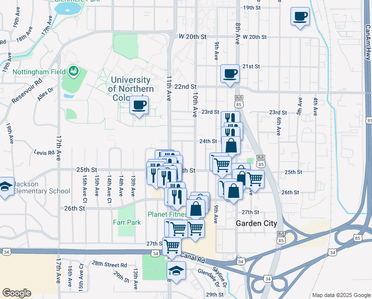 map of restaurants, bars, coffee shops, grocery stores, and more near 2430 10th Avenue Court in Greeley