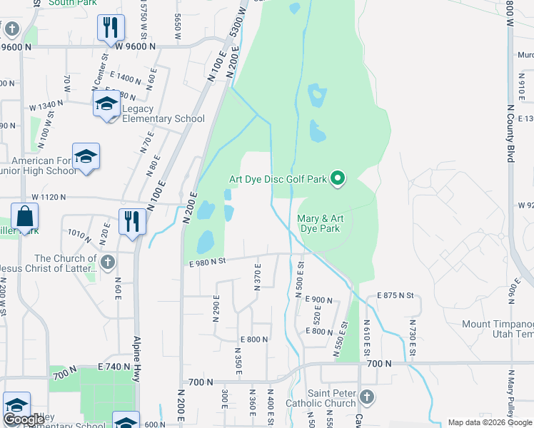 map of restaurants, bars, coffee shops, grocery stores, and more near 1082 North 370 East in American Fork