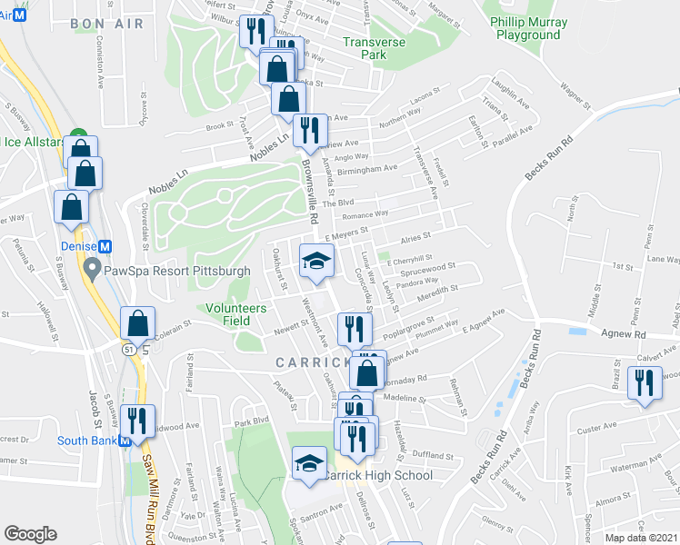 map of restaurants, bars, coffee shops, grocery stores, and more near 1712 Amanda Street in Pittsburgh