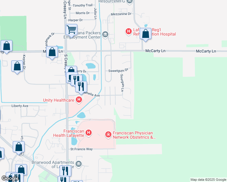 map of restaurants, bars, coffee shops, grocery stores, and more near 3982 Amelia Avenue in Lafayette