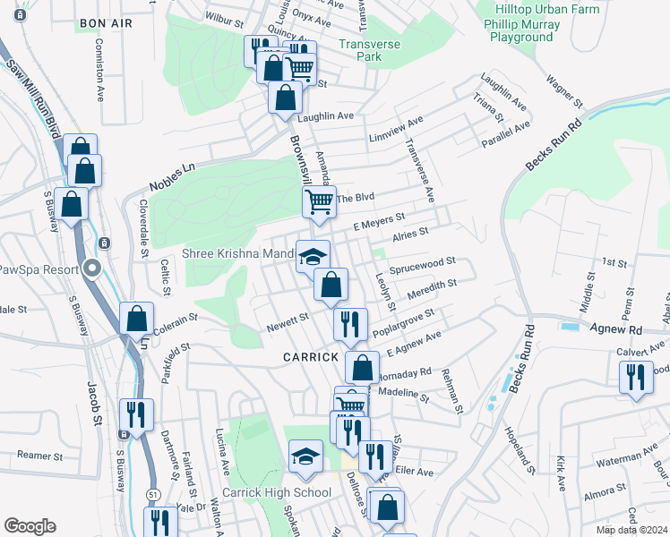 map of restaurants, bars, coffee shops, grocery stores, and more near 101 East Cherryhill Street in Pittsburgh