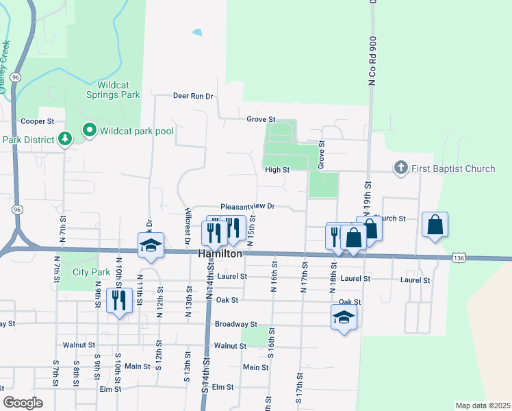 map of restaurants, bars, coffee shops, grocery stores, and more near 399 Pleasantview Drive in Hamilton