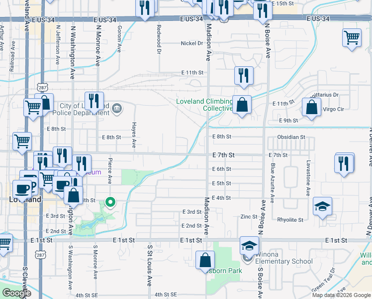 map of restaurants, bars, coffee shops, grocery stores, and more near 1249 East 6th Street in Loveland