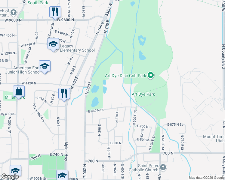 map of restaurants, bars, coffee shops, grocery stores, and more near 1082 North 350 East in American Fork