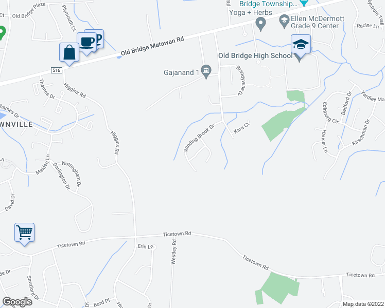 map of restaurants, bars, coffee shops, grocery stores, and more near 18 Lysbeth Lane in Matawan