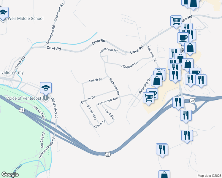 map of restaurants, bars, coffee shops, grocery stores, and more near 173 Patterson Road in Weirton