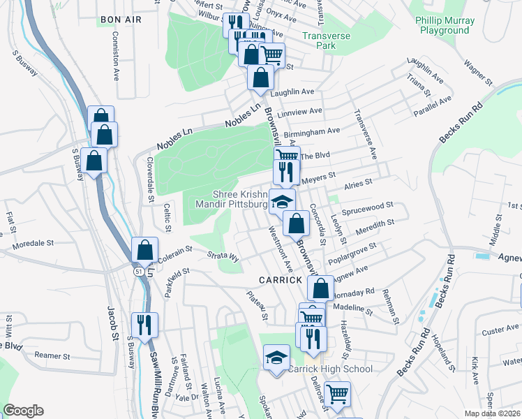 map of restaurants, bars, coffee shops, grocery stores, and more near 1612 Westmont Avenue in Pittsburgh