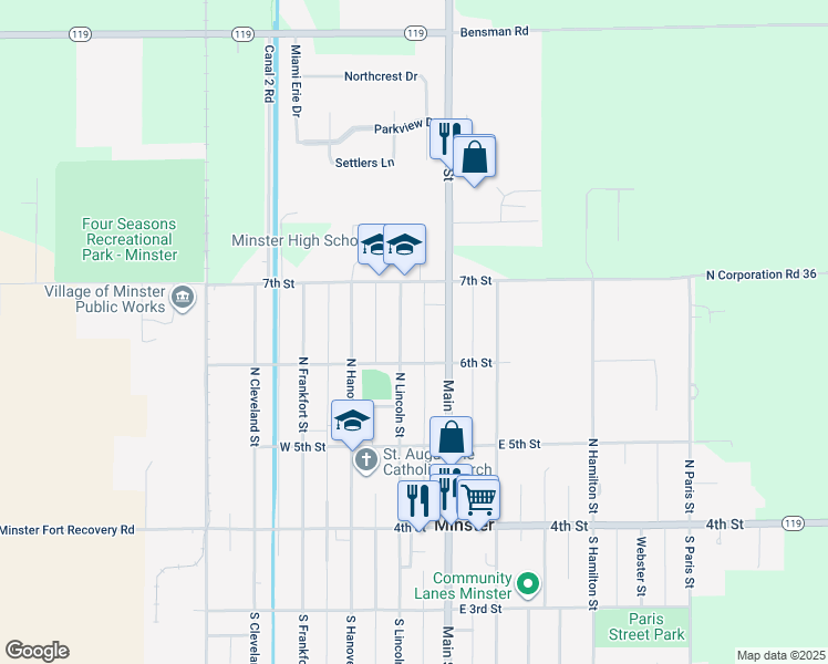 map of restaurants, bars, coffee shops, grocery stores, and more near 272 North Lincoln Street in Minster