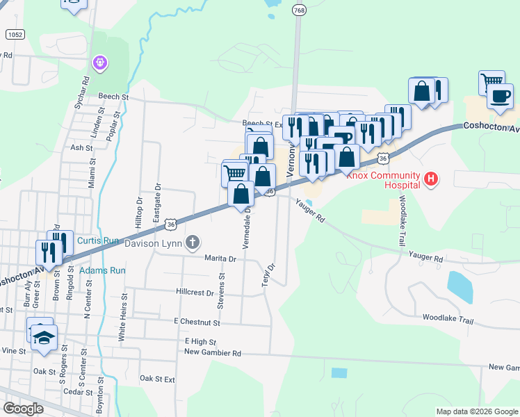 map of restaurants, bars, coffee shops, grocery stores, and more near 857 Coshocton Avenue in Mount Vernon