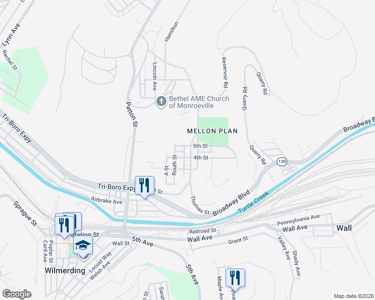 map of restaurants, bars, coffee shops, grocery stores, and more near 467 Thomas Street in Monroeville
