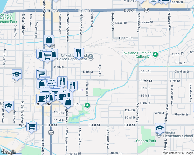 map of restaurants, bars, coffee shops, grocery stores, and more near 822 East 8th Street in Loveland