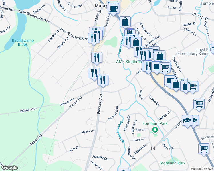 map of restaurants, bars, coffee shops, grocery stores, and more near 223 Sloan Court in Matawan