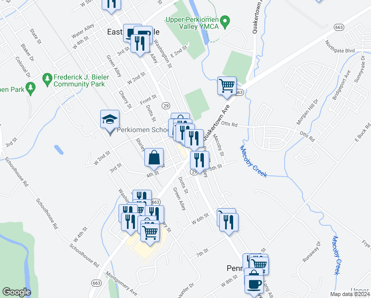 map of restaurants, bars, coffee shops, grocery stores, and more near 321 Main Street in Pennsburg