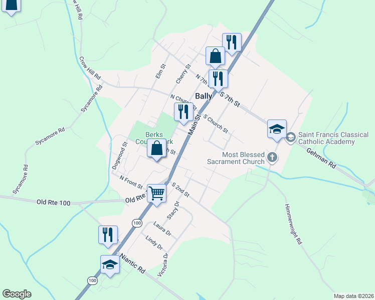 map of restaurants, bars, coffee shops, grocery stores, and more near 448 Main Street in Bally
